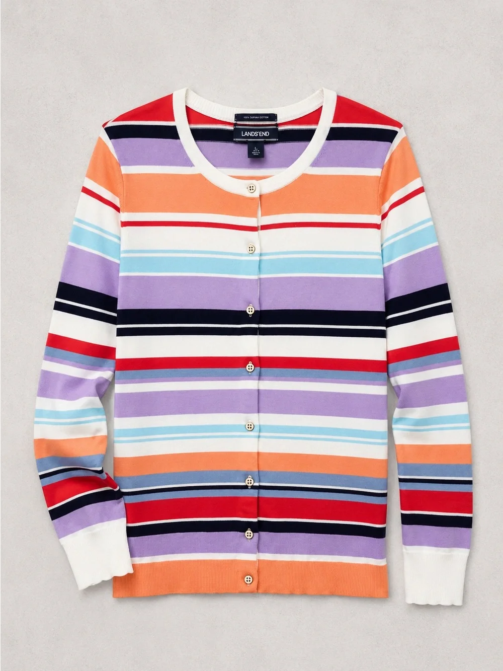 Lands’ End Women’s Large Multicolor Striped Cardigan Sweater Preppy Coastal